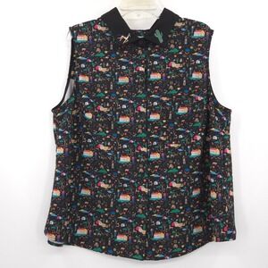Rachel Antonoff Blouse Womens 1X Black Novelty Print Embroidered Sleeveless